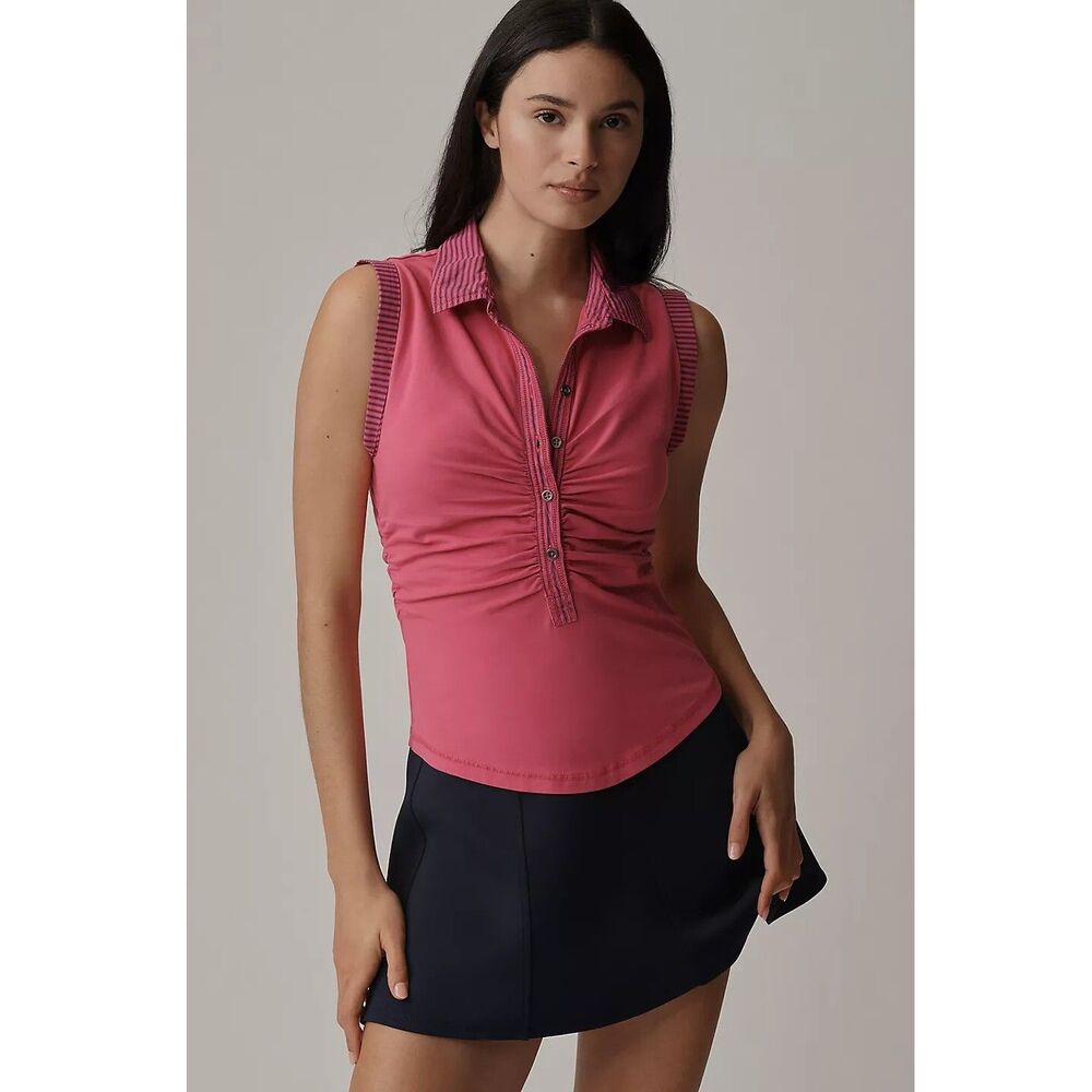 Anthropologie Pilcro Varsity Polo Tank Top Ruched Striped Sleeveless M 280527